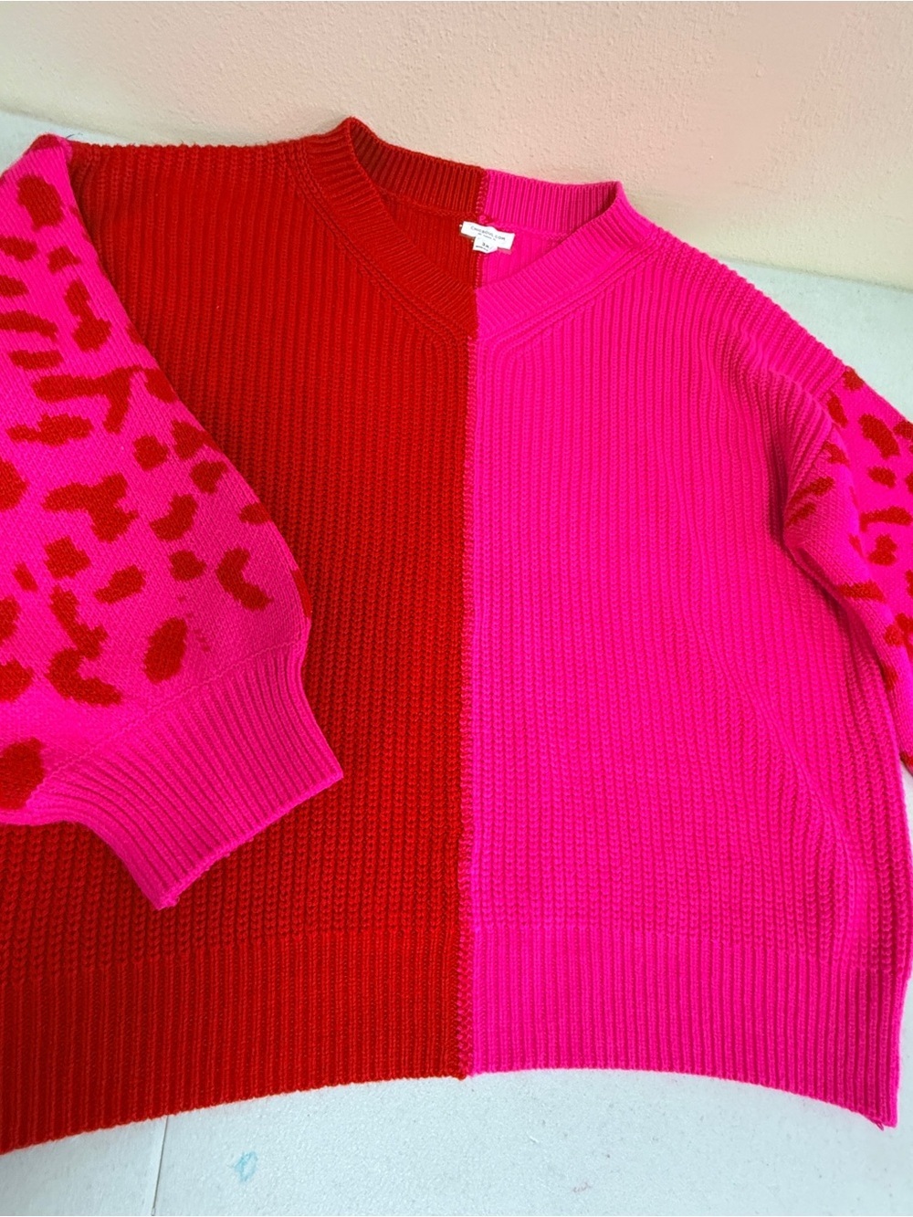 Chic Soul Red & Hot Pink Colorblock Leopard Sleeve V-Neck Sweater Plus Size 3X
